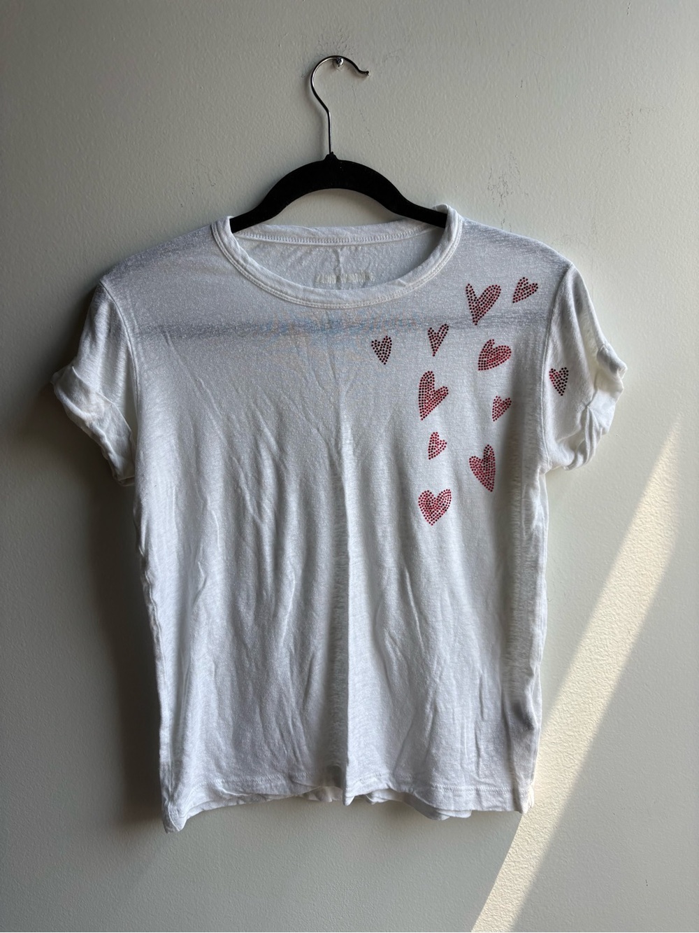 Zadig & Voltaire White Tee with Pink Heart Embellishments